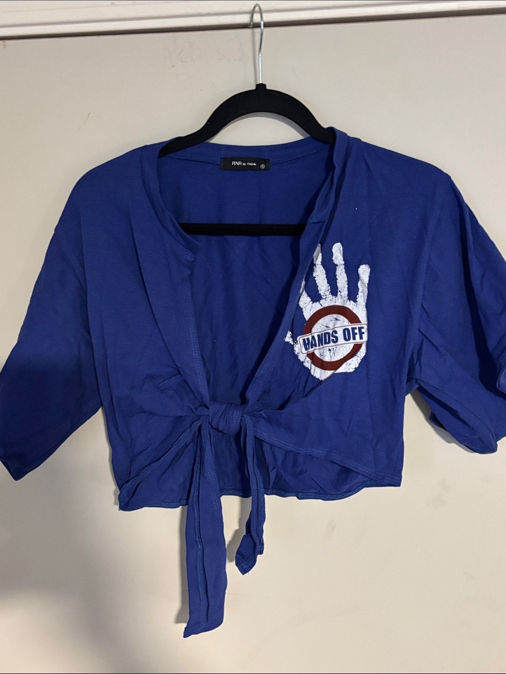 NWOT Tie-Front Crop Top with 'Hands Off' Graphic